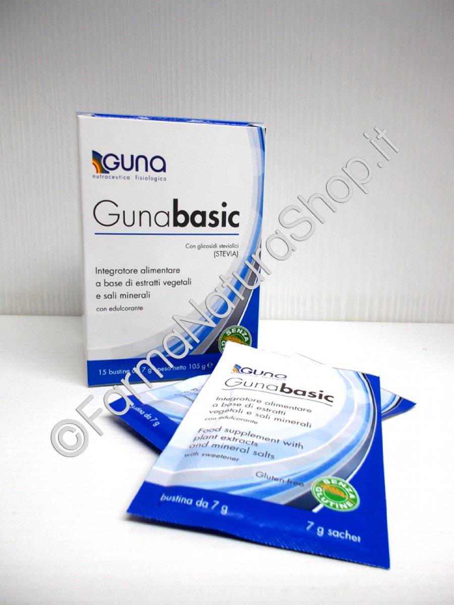 GUNA BASIC 15 Bustine Gunabasic regola le funzionalità organiche, drenando e ripristinando il corretto equilibrio acido-base. Confezione da 15 bustine da 7 g.