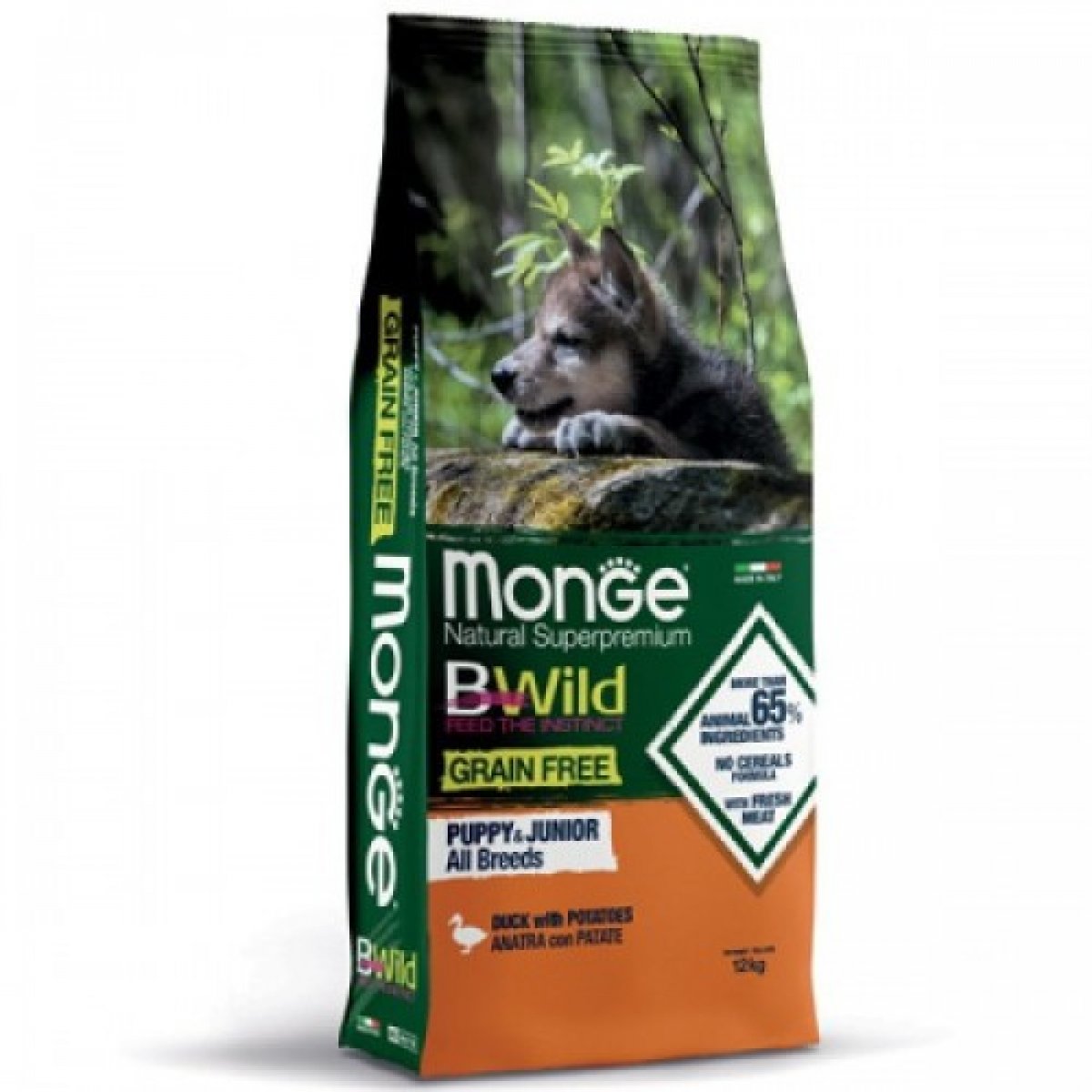 MONGE CANE B-WILD GRAIN FREE ALL BREED PUPPY ANATRA PATATE PISELL12,5KG 