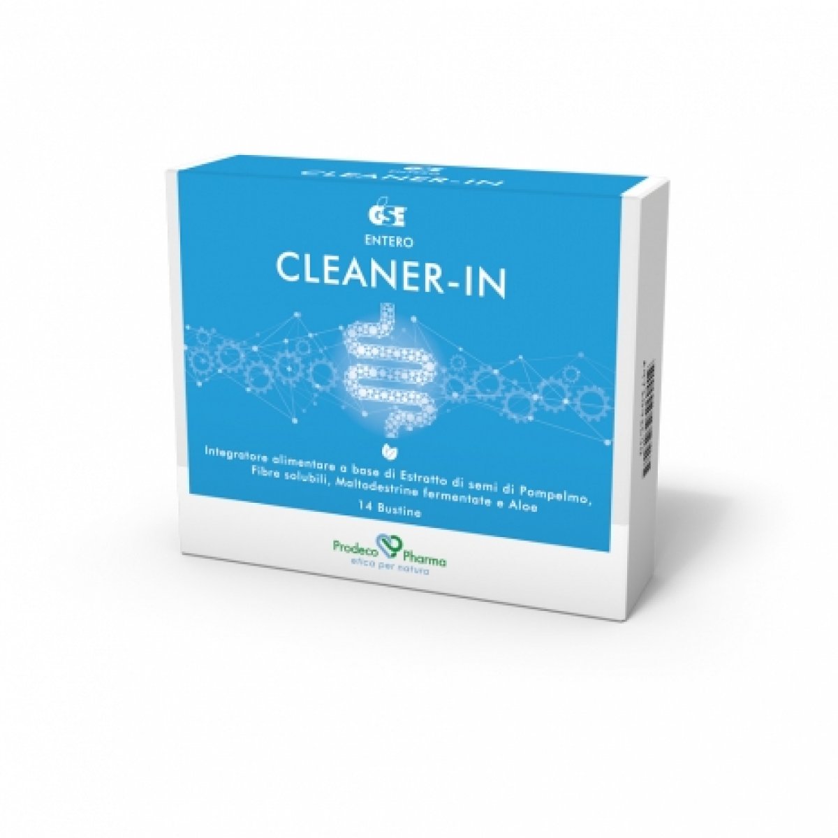 GSE CLEANER-IN - Prodeco Pharma Integratore 100% naturale, formulato con funzionali utili per purificare l'organismo attraverso la pulizia intestinale, la protezione della mucosa e il ripristino dell'equilibrio intestinale. Confezione da 14 bustine.