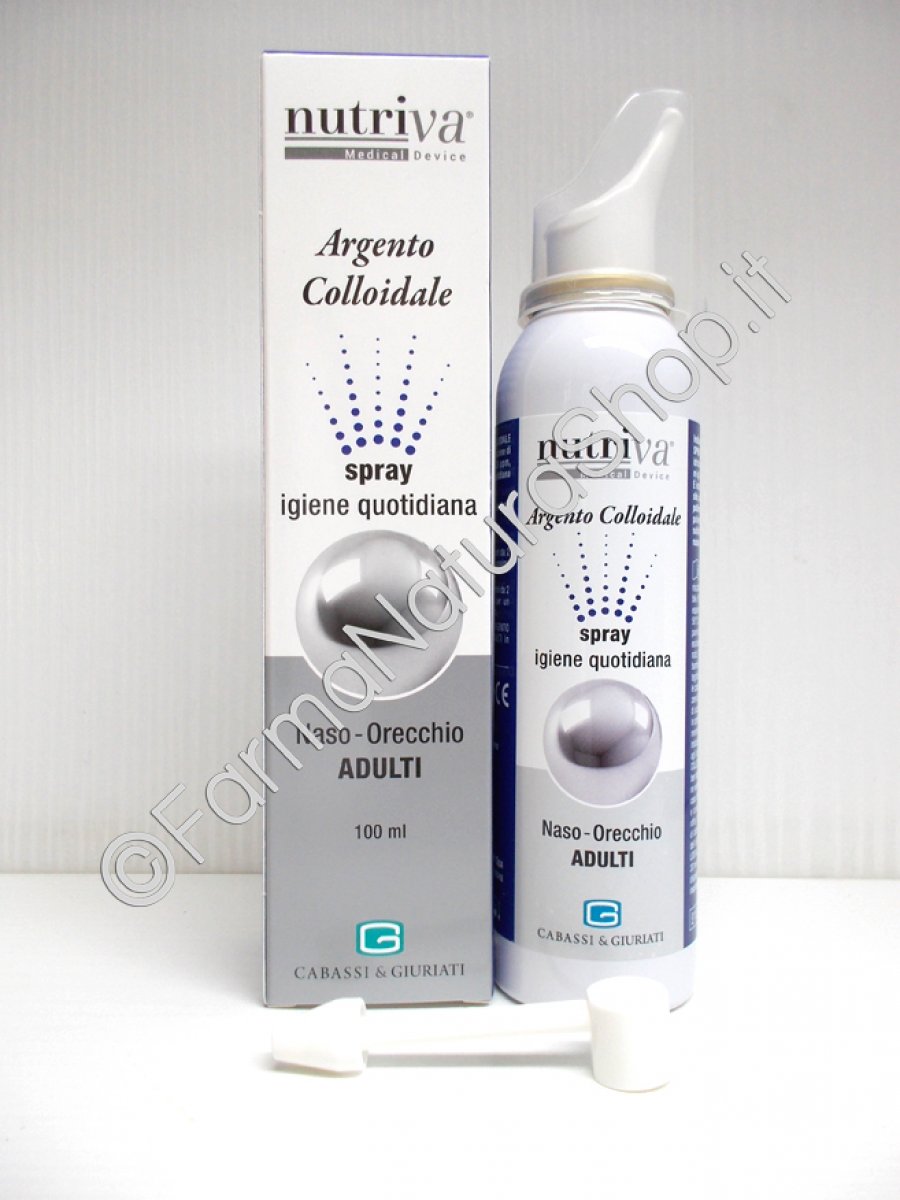 NUTRIVA ARGENTO COLLOIDALE Spray Adulti Argento Colloidale Spray Adulti è una soluzione di argento colloidale a 20ppm, indicata per l'igiene quotidiana o in caso di infiammazioni del naso e dell'orecchio. Spray da 100 ml.