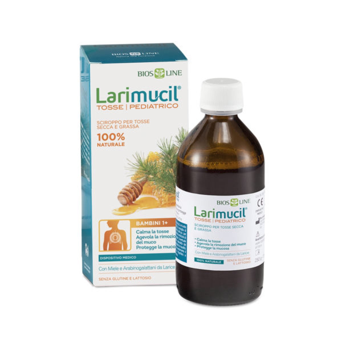 Larimucil® Tosse Pediatrico -  Bios Line Per calmare la tosse secca e grassa, proteggendo la mucosa, e agevolare la rimozione del muco. Sciroppo per bambini dai 3 ai 12 anni. Flacone da 175 ml