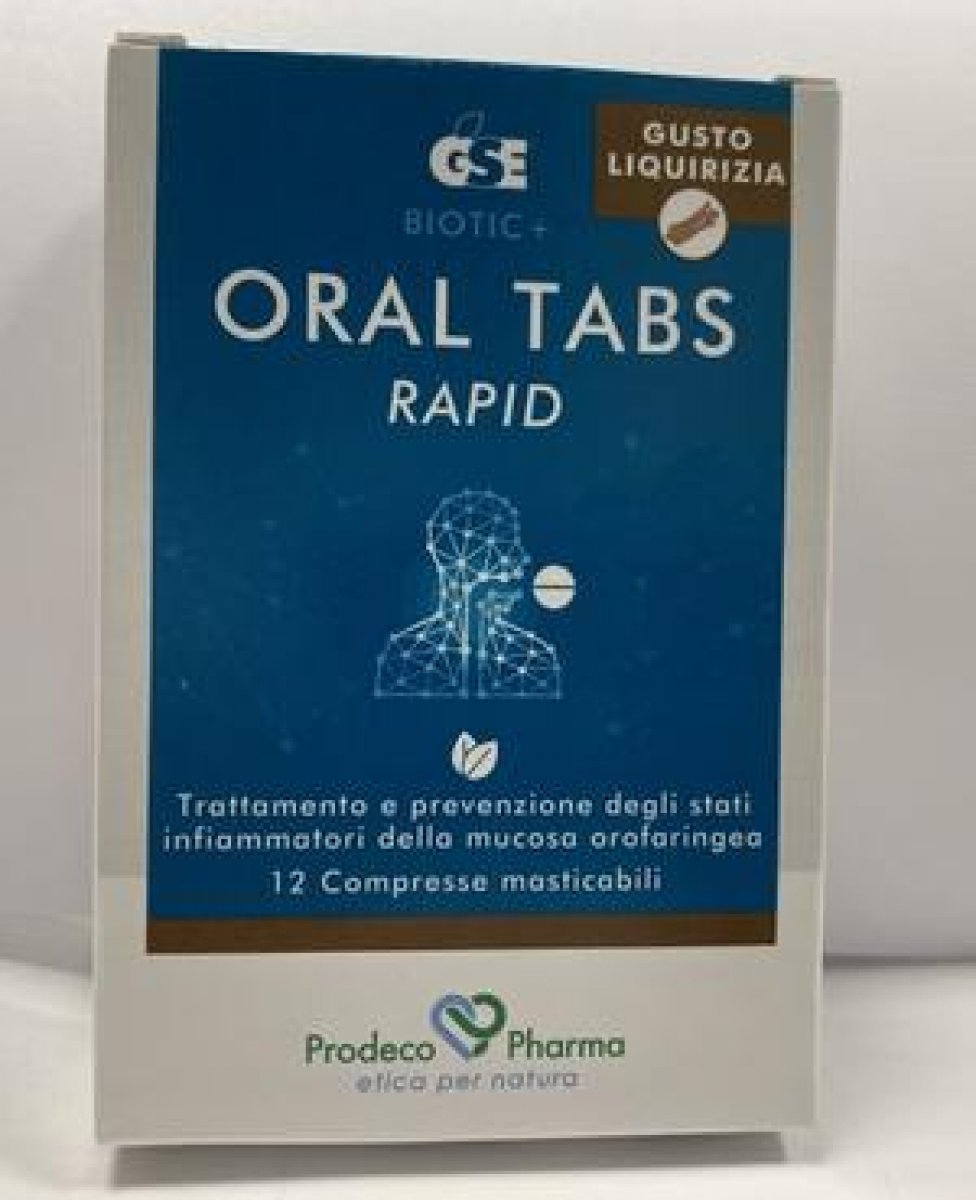 GSE ORAL TABS RAPID Adulti  - Prodeco Pharma Per il trattamento e la prevenzione degli stati infiammatori della mucosa orofaringea: faringiti, tonsilliti, mal di gola, tosse irritativa. Confezione da 12 compresse.