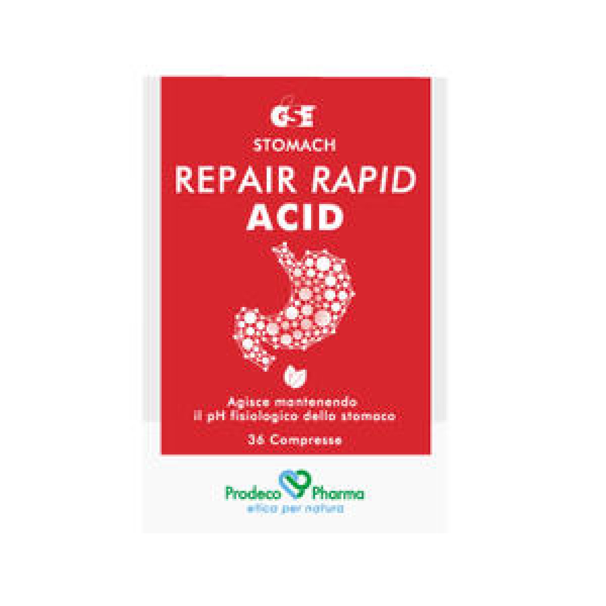 GSE Repair Acid Rapid 36 cpr - Prodeco Pharma Prodotto ad azione filmogena protettiva indicato in caso di iperacidità, bruciore gastrico e reflusso. 36 compresse deglutibili in blister.