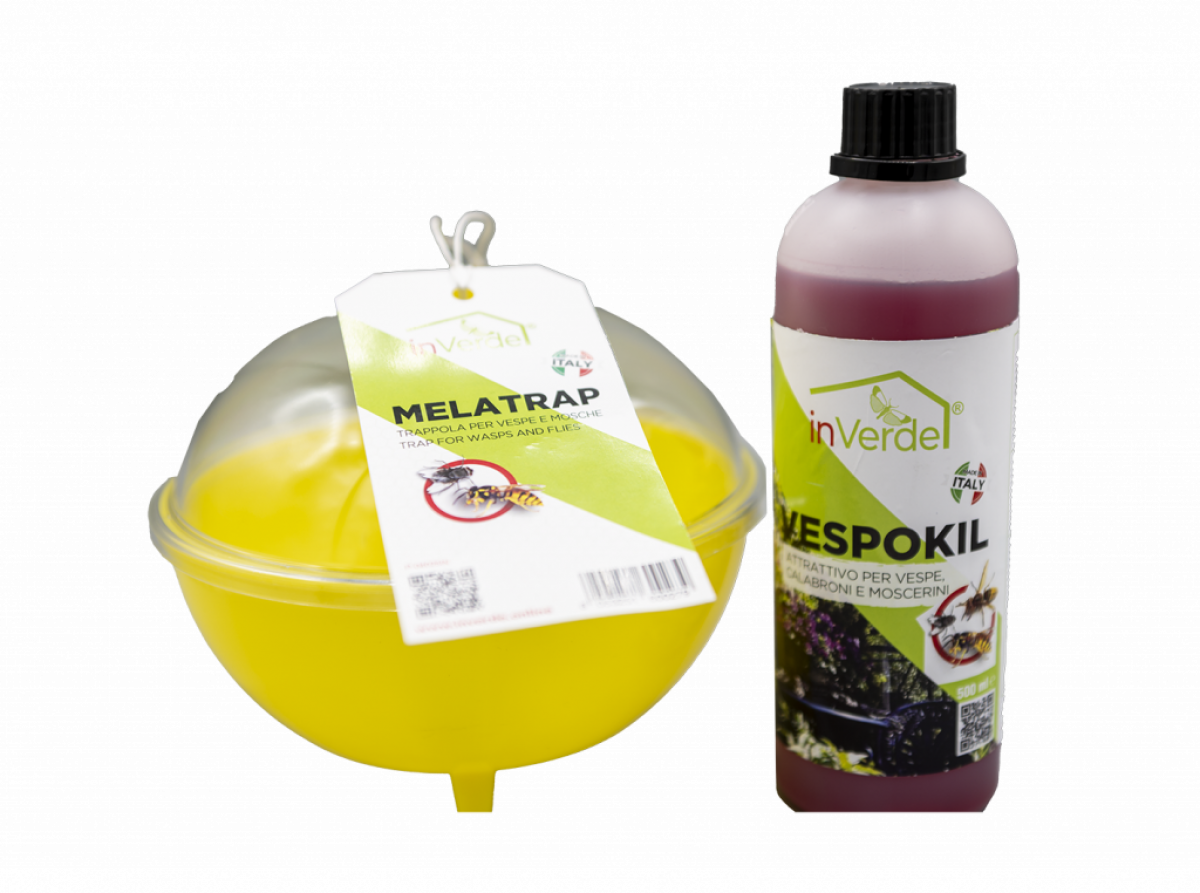 Insetticida VESPOKIL Flacone da 500 ml + Mela Trap. Liquido a base alimentare per la cattura di vespe, calabroni e moscerini, più l'apposito contenitore Mela Trap INVERDE