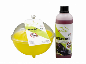 Insetticida VESPOKIL Flacone da 500 ml + Mela Trap. Liquido a base alimentare per la cattura di vespe, calabroni e moscerini, più l'apposito contenitore Mela Trap