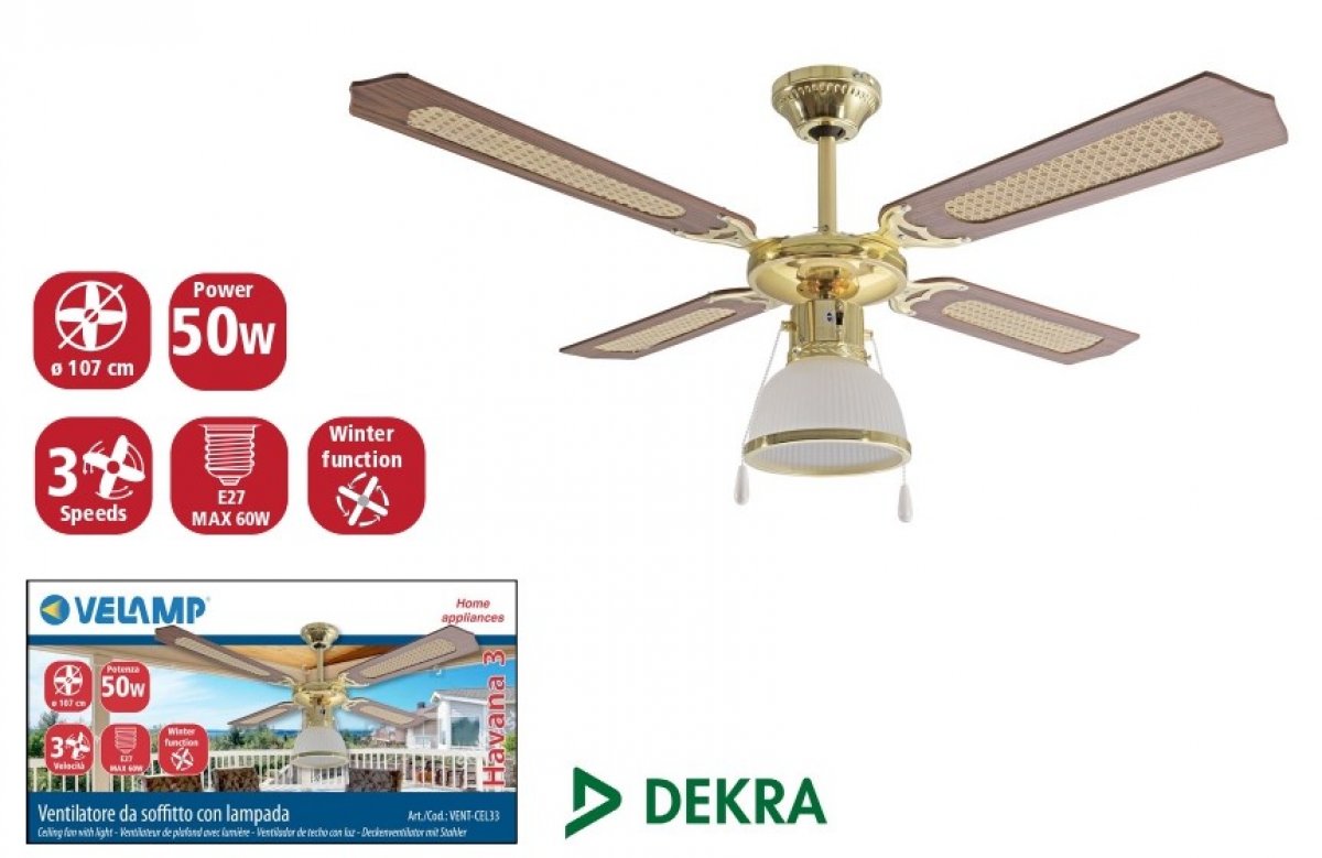 Ventilatore a soffitto 107cm con portalampada - comandi a catenella VELAMP